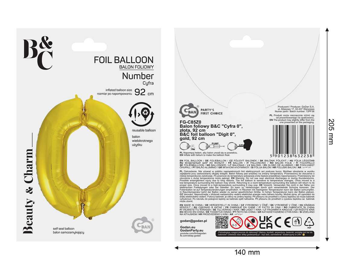 Foil balloon B&C digit 0, gold, 92 cm